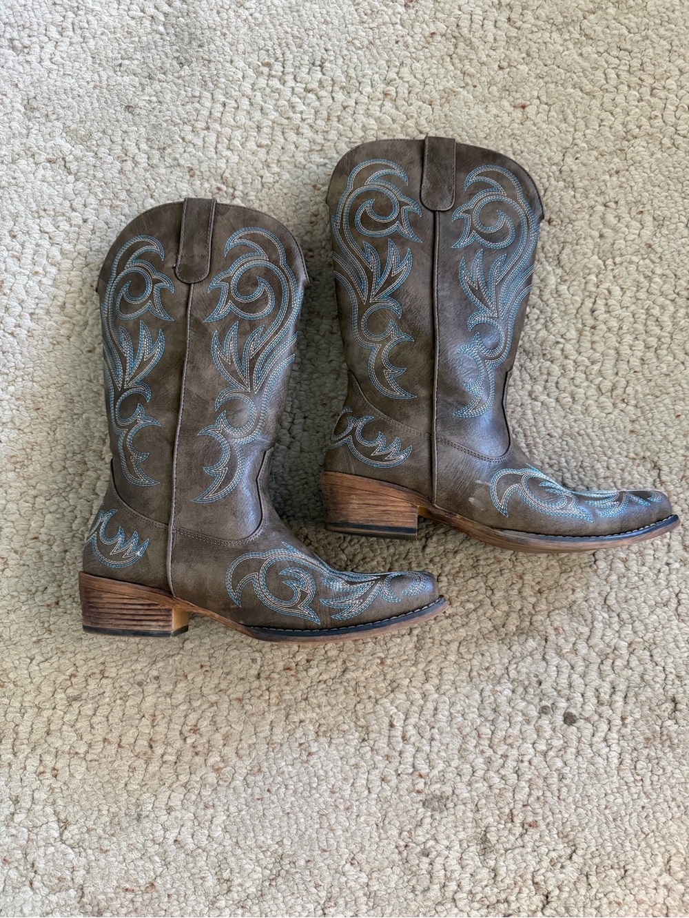 Western Embroidered Mid-Calf Leather Boots - Brown with Turquoise Stitching